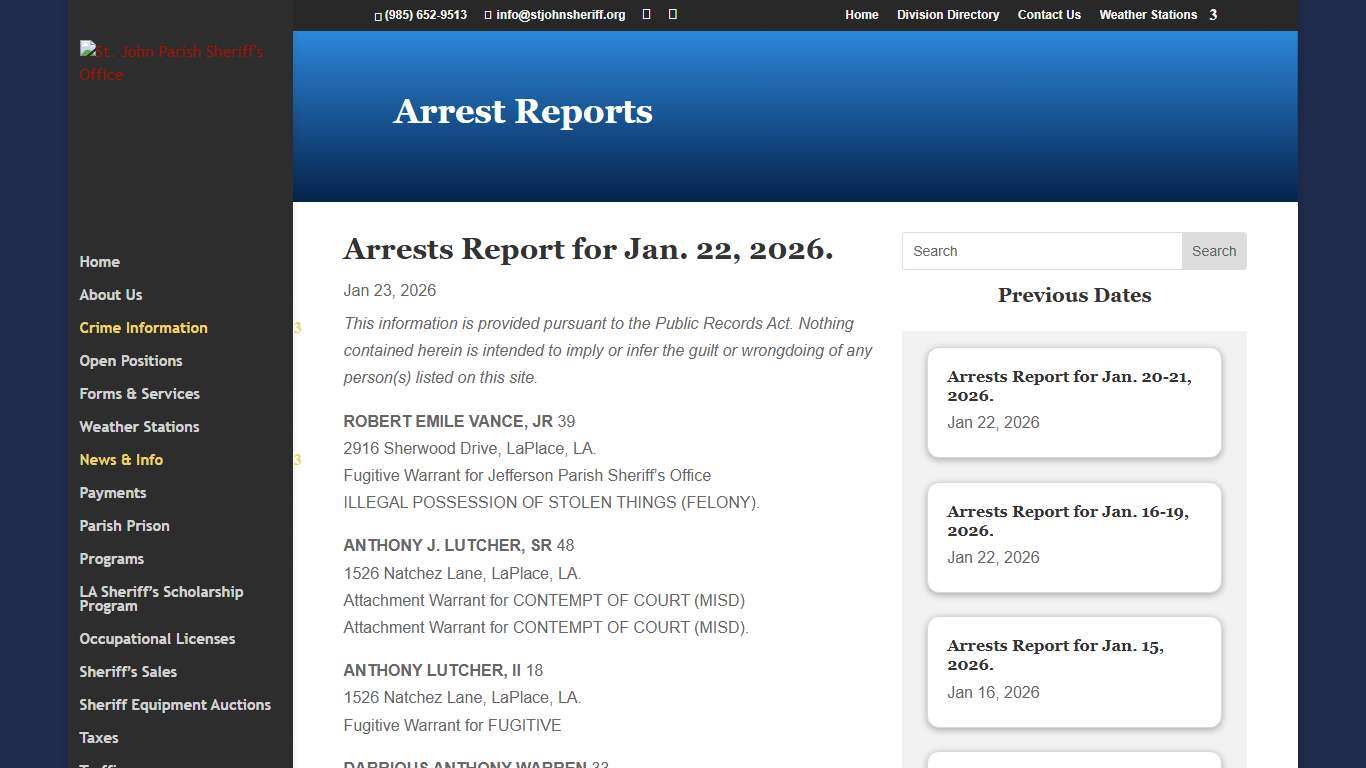 Arrest Reports St. John Parish Sheriff's Office